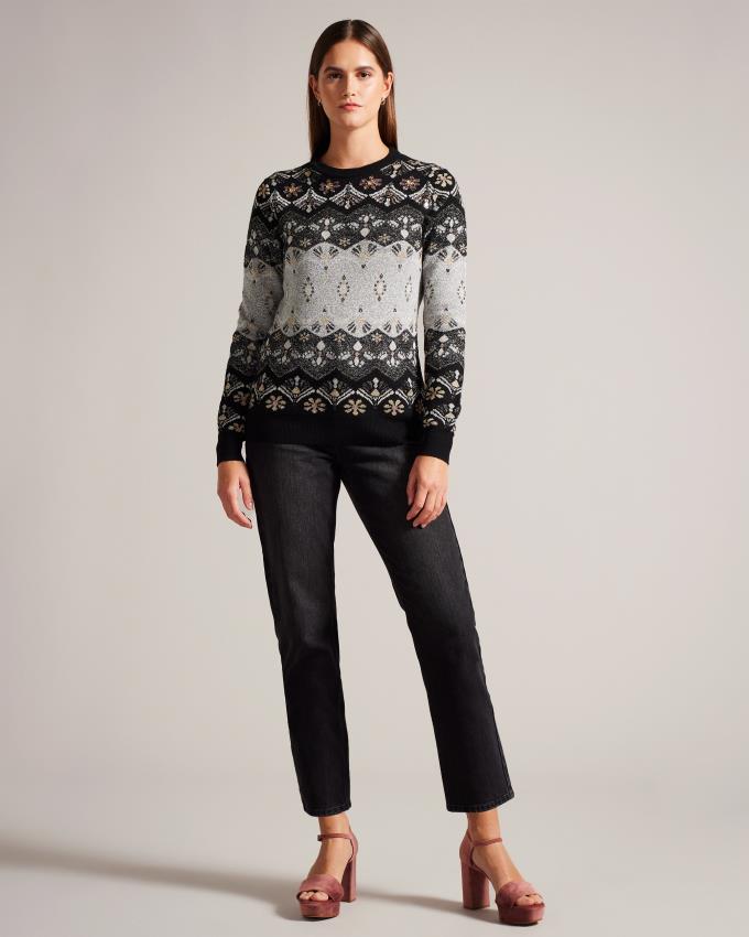 Pull Ted Baker Crystal Embellished Fair Isle Noir Femme | FBP-88123403